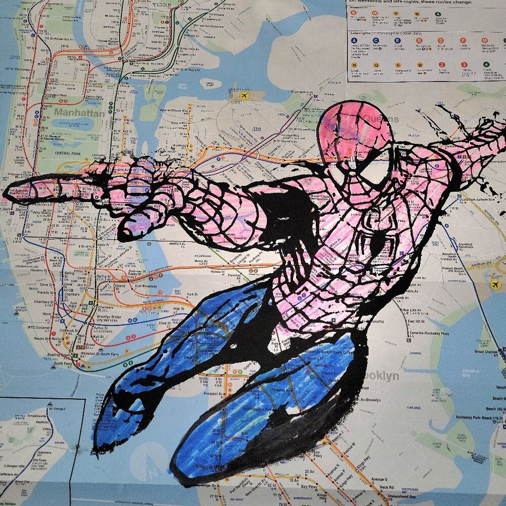 🗽Handpainted Spiderman Acrylic Pop Art Painting on NYC Subway map 🗽 - Picture 5 of 5